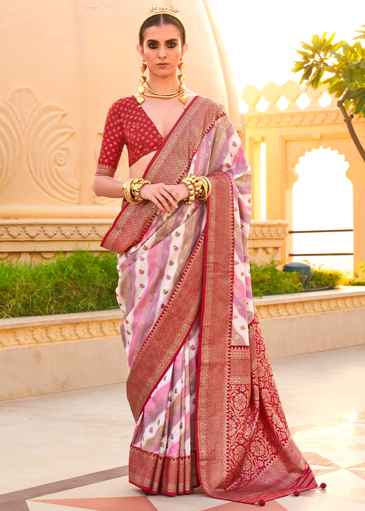 Turkey Red Silk Foil Print Saree with Aqua Finish & Zari Weaving
