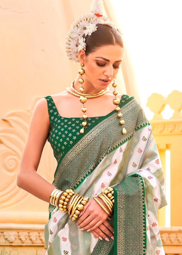 Bottle Green Silk Foil Print Saree with Aqua Finish & Zari Weaving