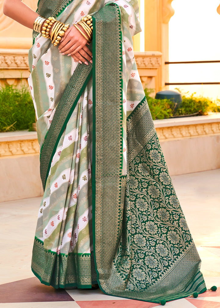 Bottle Green Silk Foil Print Saree with Aqua Finish & Zari Weaving