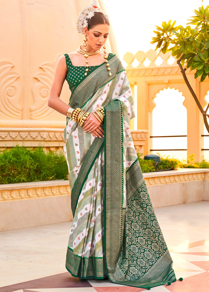 Bottle Green Silk Foil Print Saree with Aqua Finish & Zari Weaving