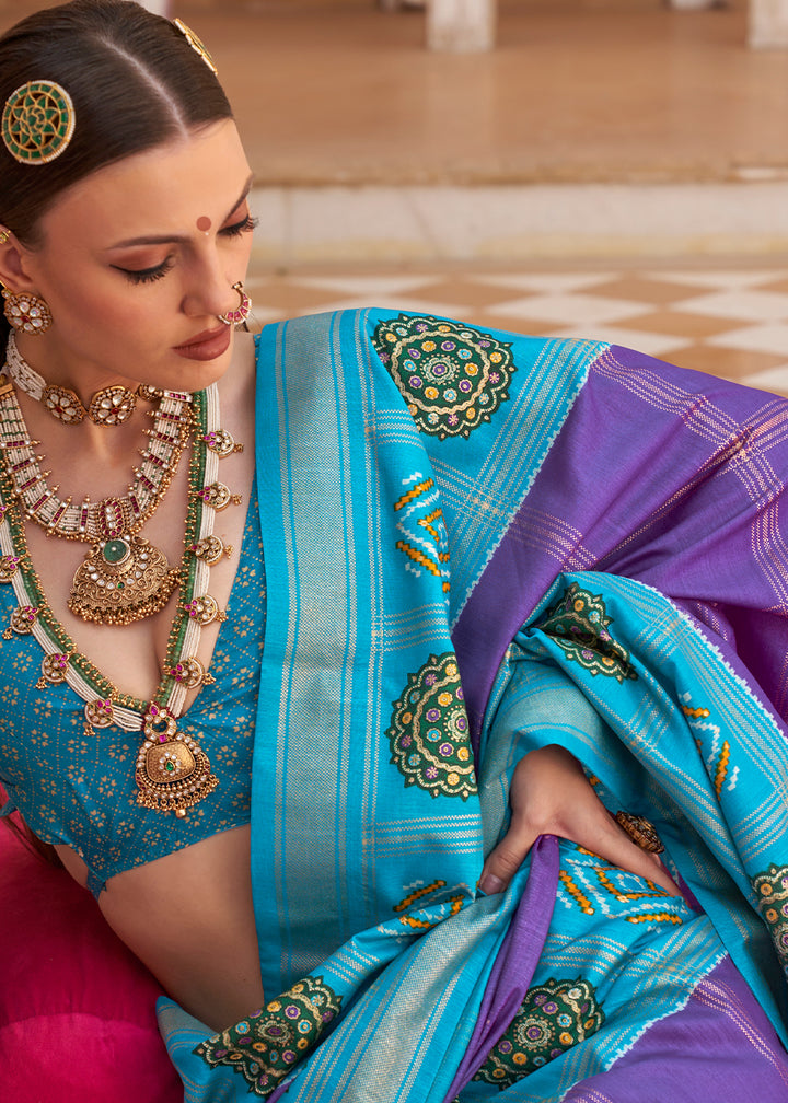 Cerulean Blue & Purple Patola Printed Silk Saree