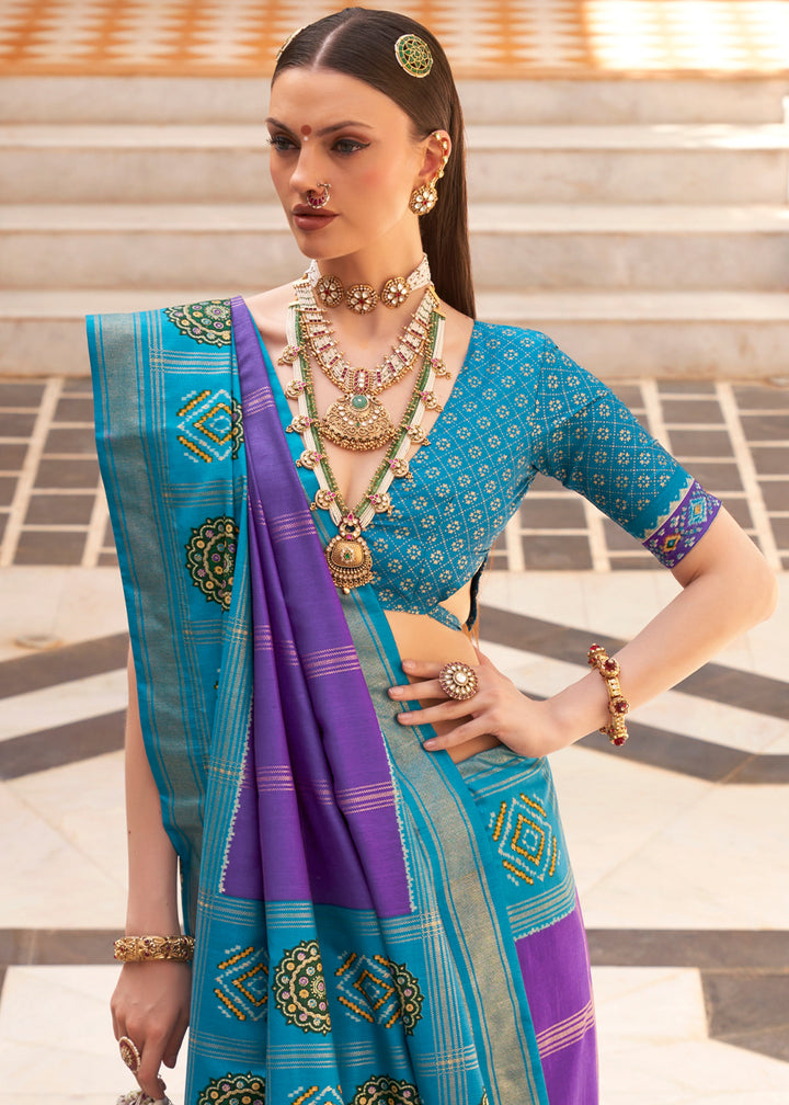 Cerulean Blue & Purple Patola Printed Silk Saree