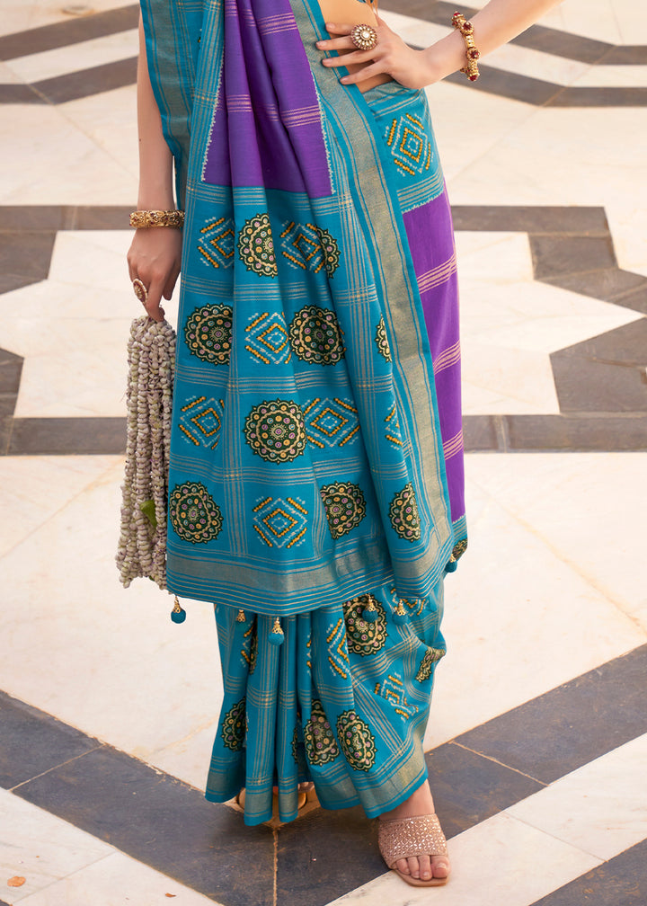Cerulean Blue & Purple Patola Printed Silk Saree