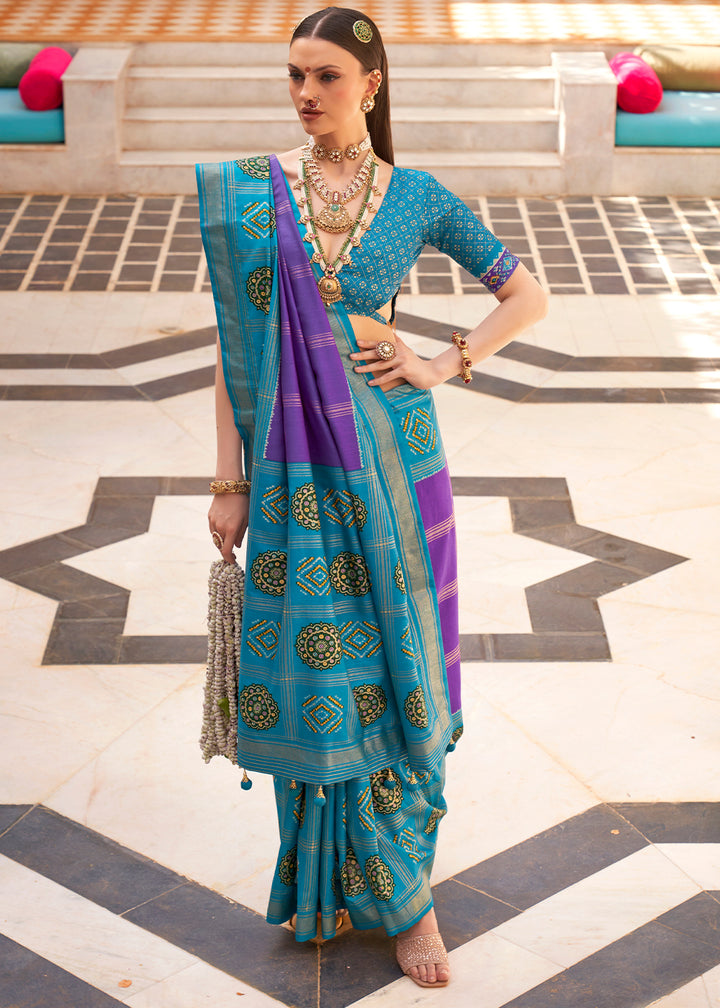 Cerulean Blue & Purple Patola Printed Silk Saree