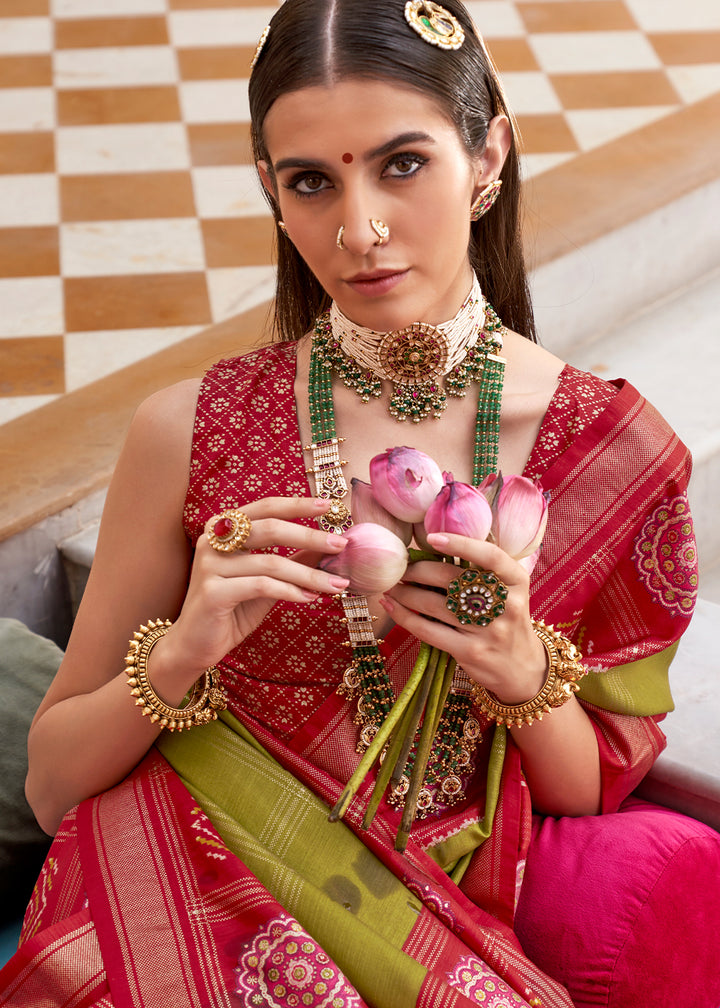 Olive Green & Red Patola Printed Silk Saree