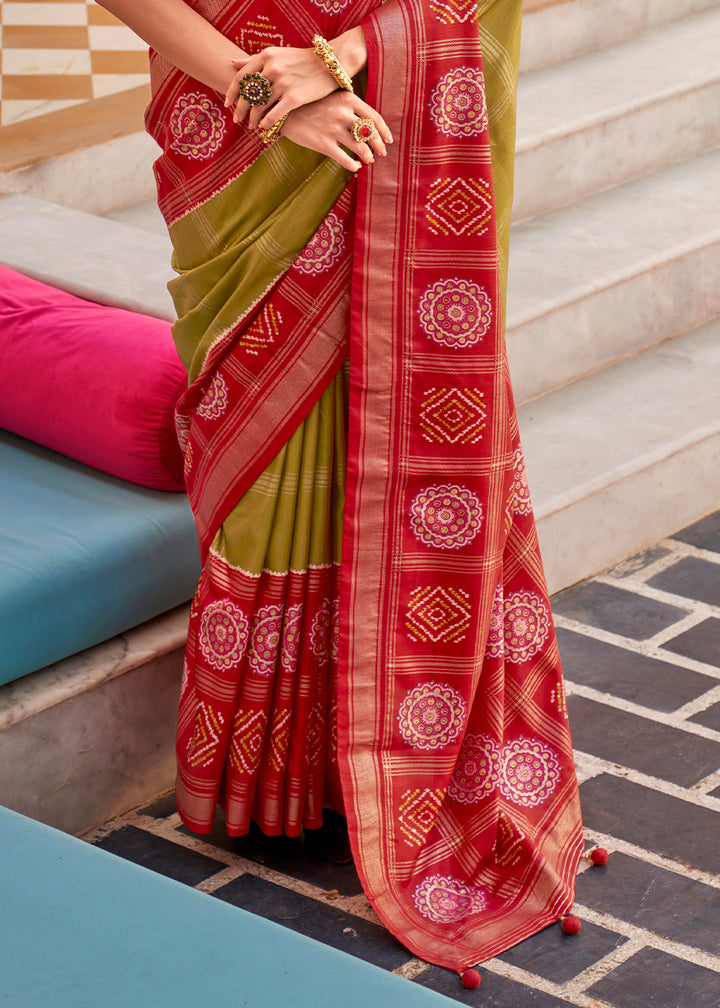 Olive Green & Red Patola Printed Silk Saree