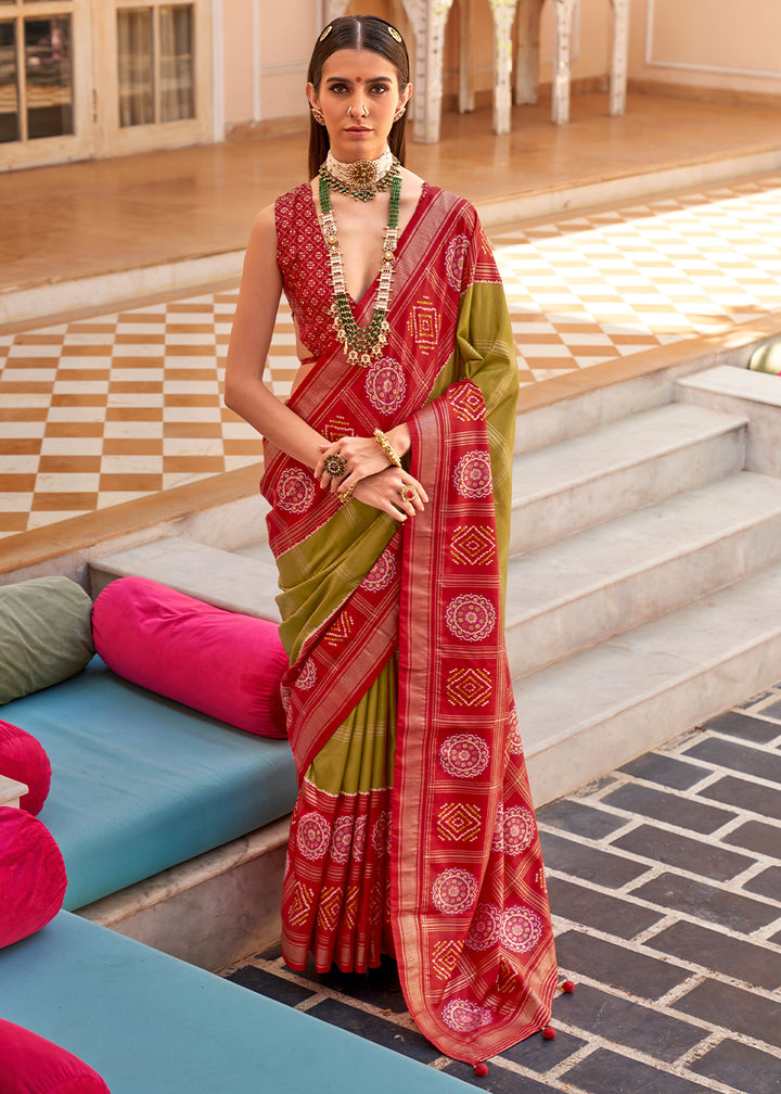 Olive Green & Red Patola Printed Silk Saree