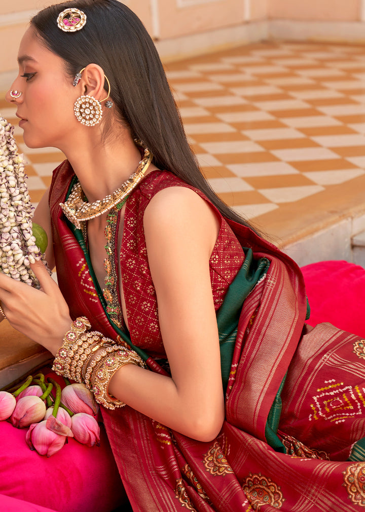 Dark Green & Red Patola Printed Silk Saree