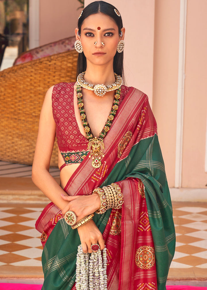Dark Green & Red Patola Printed Silk Saree