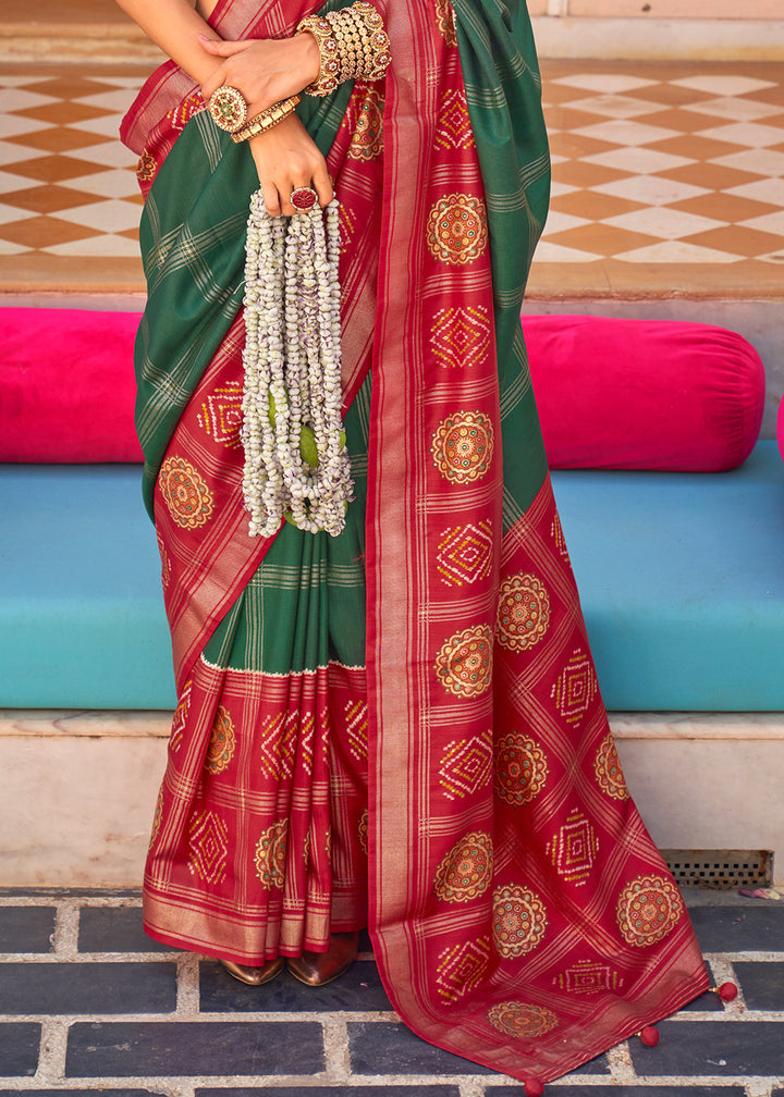 Dark Green & Red Patola Printed Silk Saree