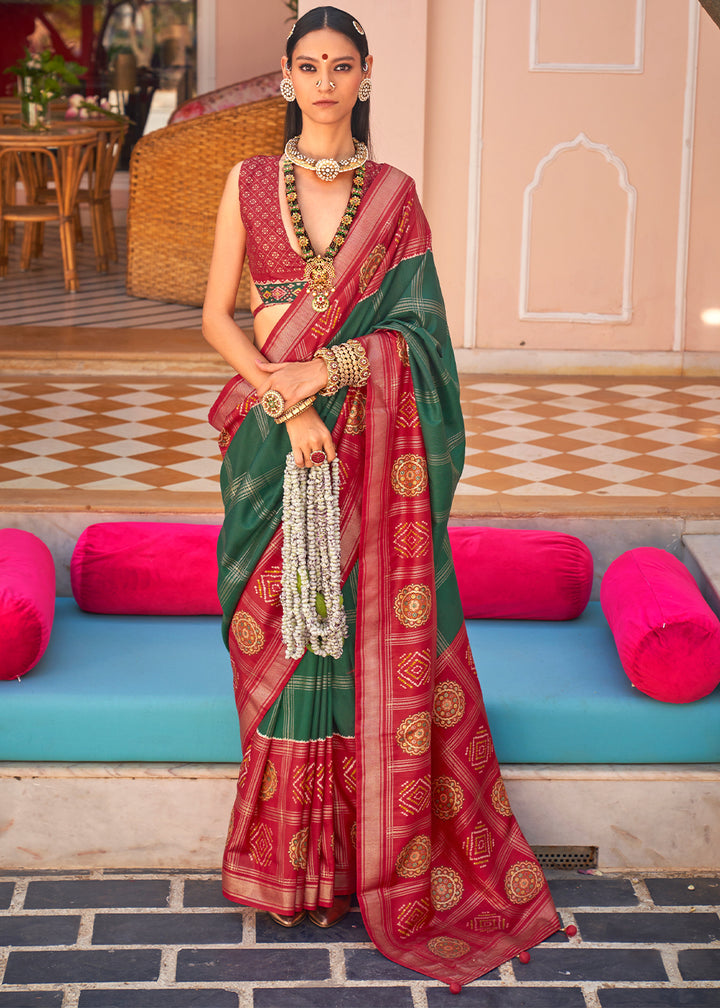 Dark Green & Red Patola Printed Silk Saree