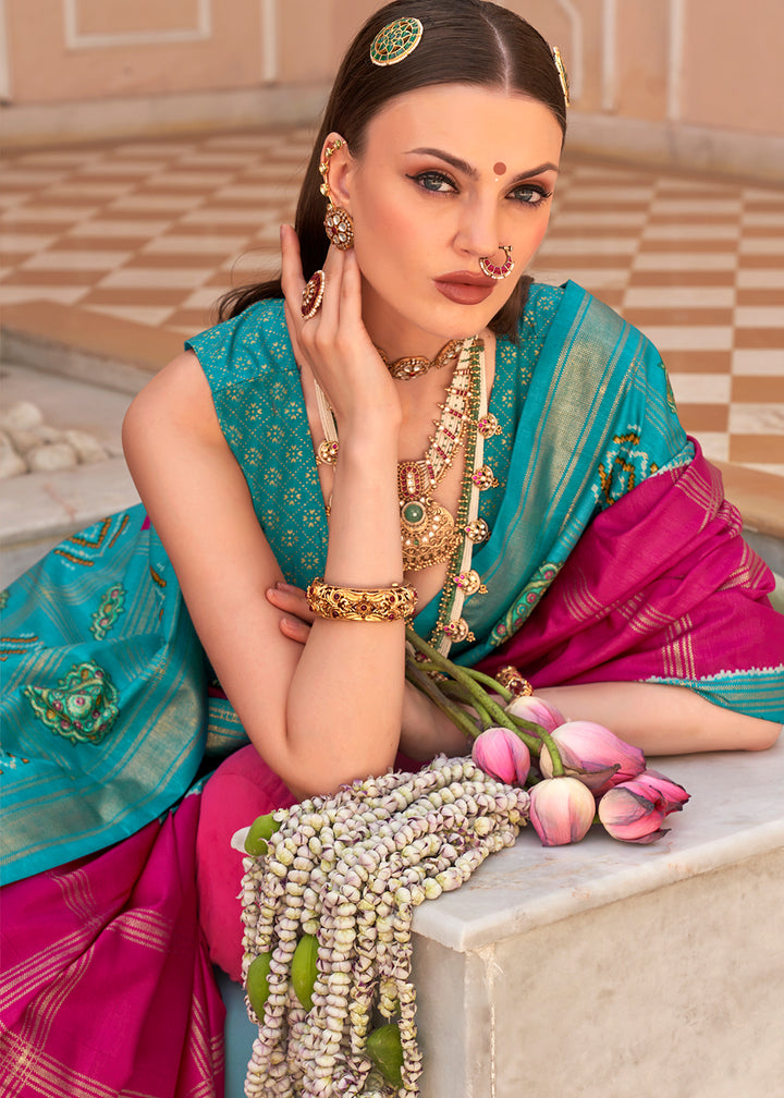 Hot Pink & Blue Patola Printed Silk Saree