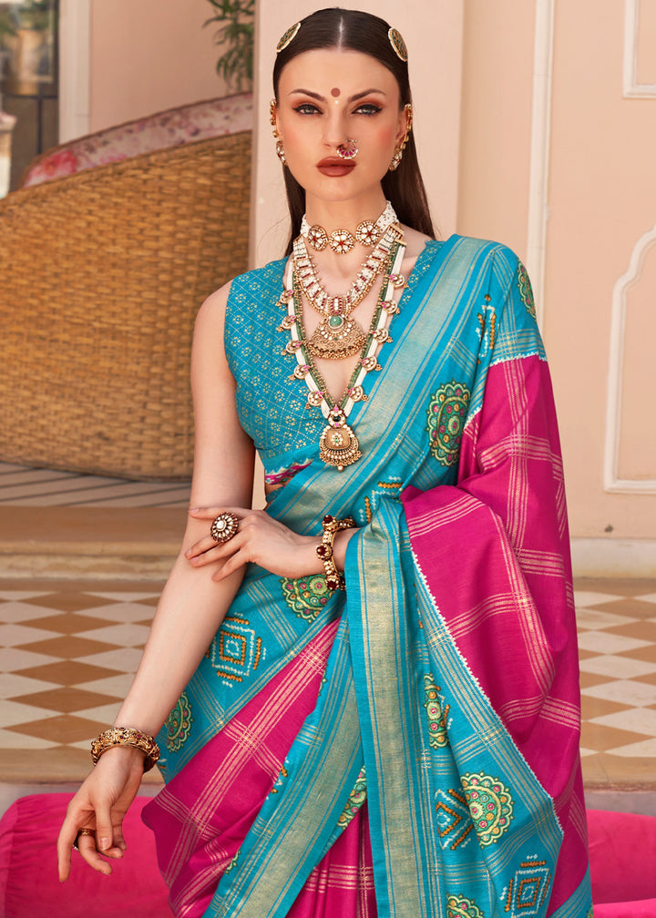 Hot Pink & Blue Patola Printed Silk Saree
