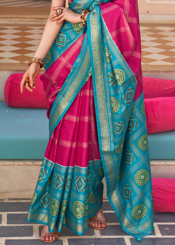 Hot Pink & Blue Patola Printed Silk Saree