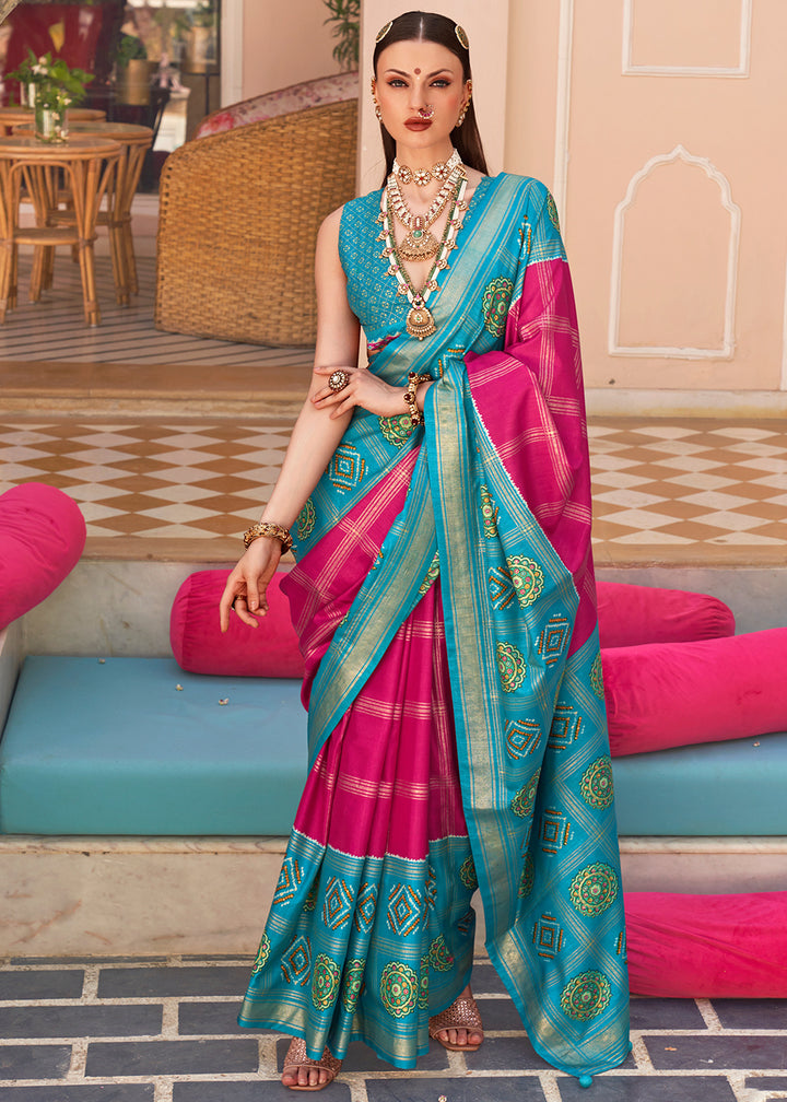 Hot Pink & Blue Patola Printed Silk Saree