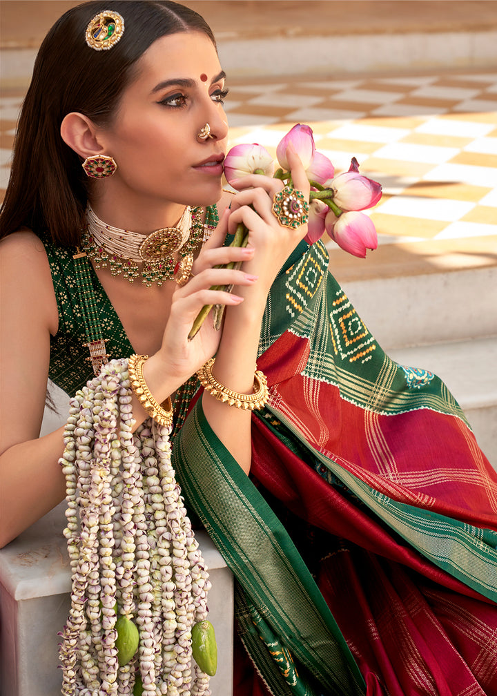 Carmine Red & Green Patola Printed Silk Saree
