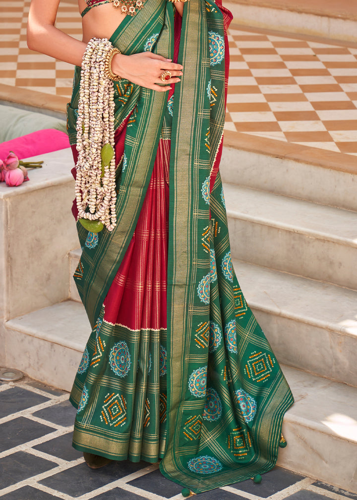 Carmine Red & Green Patola Printed Silk Saree