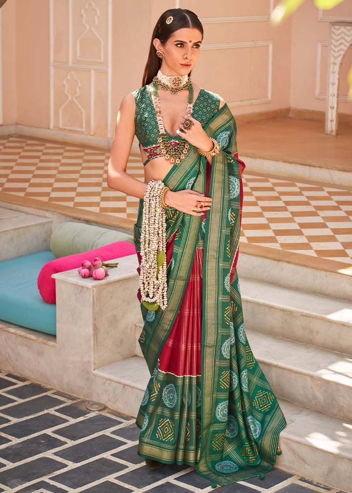 Carmine Red & Green Patola Printed Silk Saree