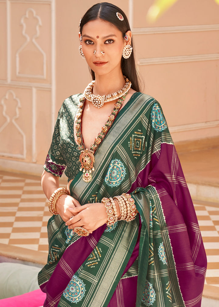 Byzantine Purple & Green Patola Printed Silk Saree