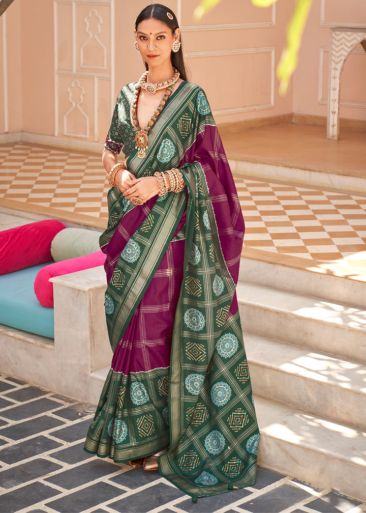Byzantine Purple & Green Patola Printed Silk Saree