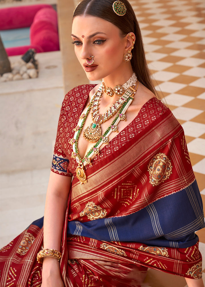 Navy Blue & Red Patola Printed Silk Saree
