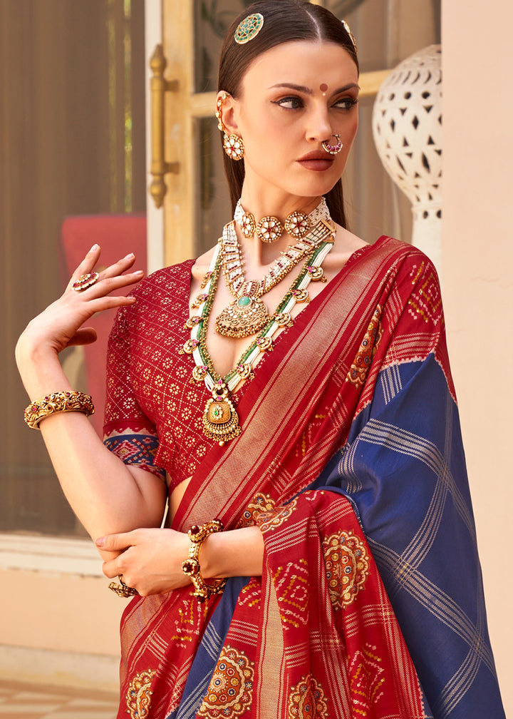 Navy Blue & Red Patola Printed Silk Saree