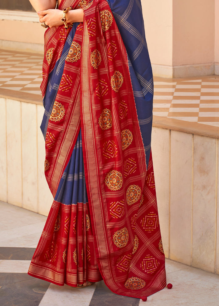 Navy Blue & Red Patola Printed Silk Saree