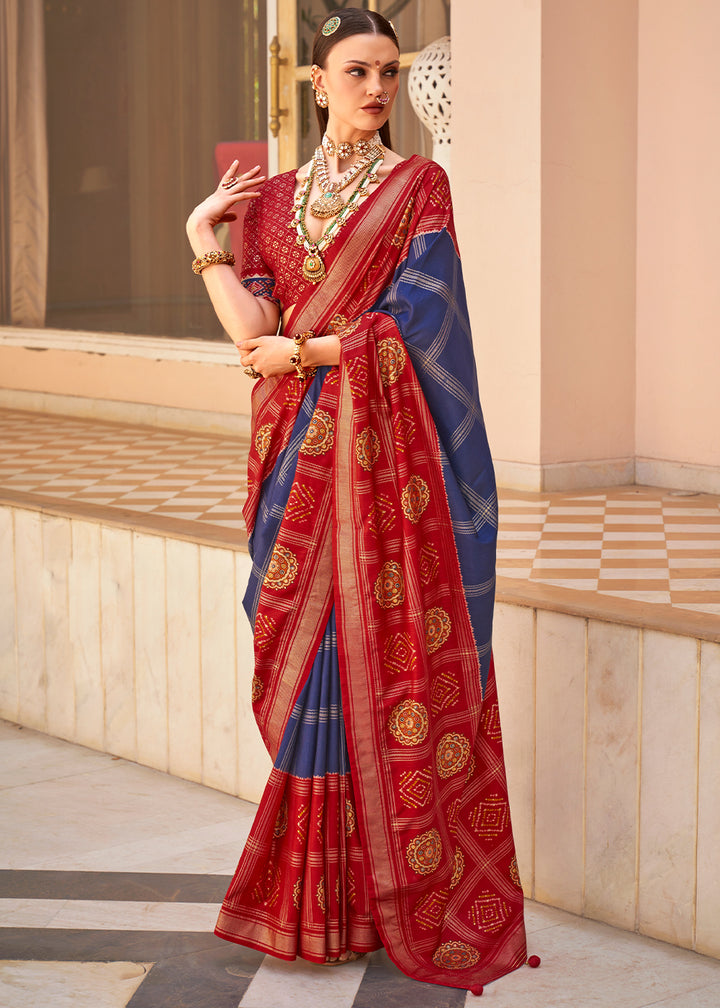 Navy Blue & Red Patola Printed Silk Saree