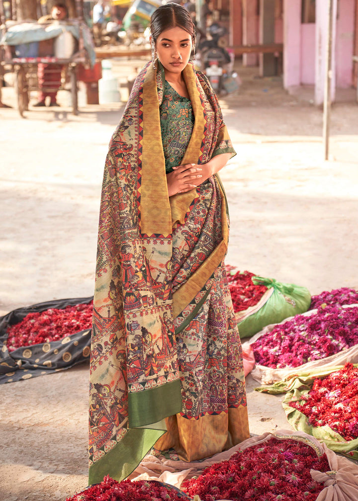 Yellow & Green Silk Saree Featuring Madhubani Art