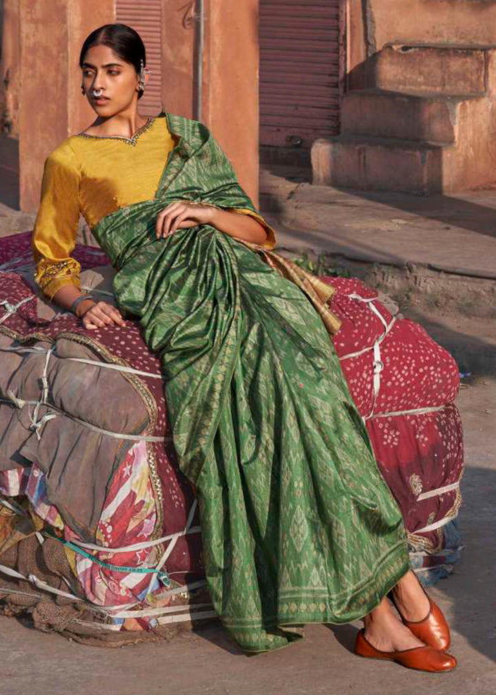 Sea Green Ikkat Silk Saree with Stunning Designer Embroidery Blouse