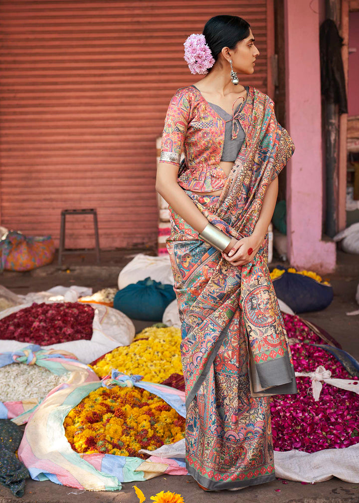 Seal Grey Silk Saree Featuring Madhubani Art