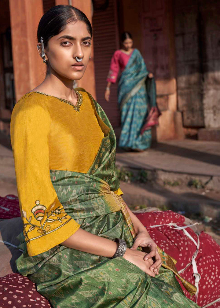 Sea Green Ikkat Silk Saree with Stunning Designer Embroidery Blouse