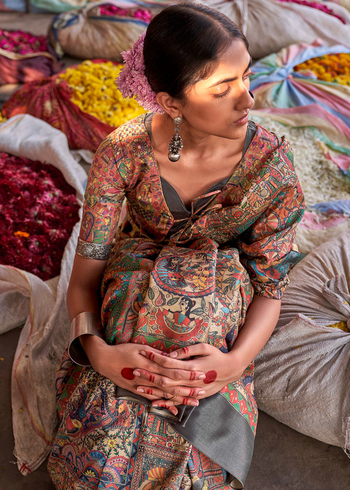 Seal Grey Silk Saree Featuring Madhubani Art