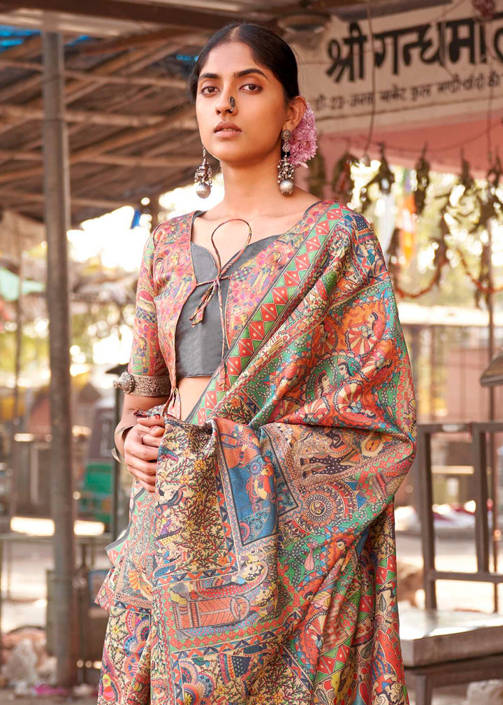 Seal Grey Silk Saree Featuring Madhubani Art