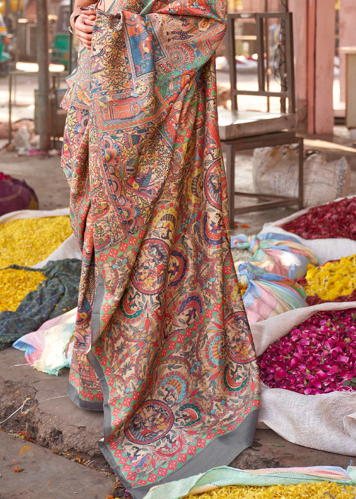 Seal Grey Silk Saree Featuring Madhubani Art