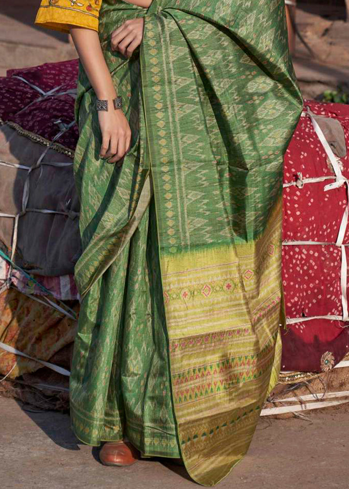 Sea Green Ikkat Silk Saree with Stunning Designer Embroidery Blouse