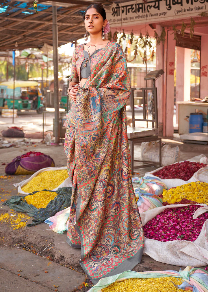 Seal Grey Silk Saree Featuring Madhubani Art