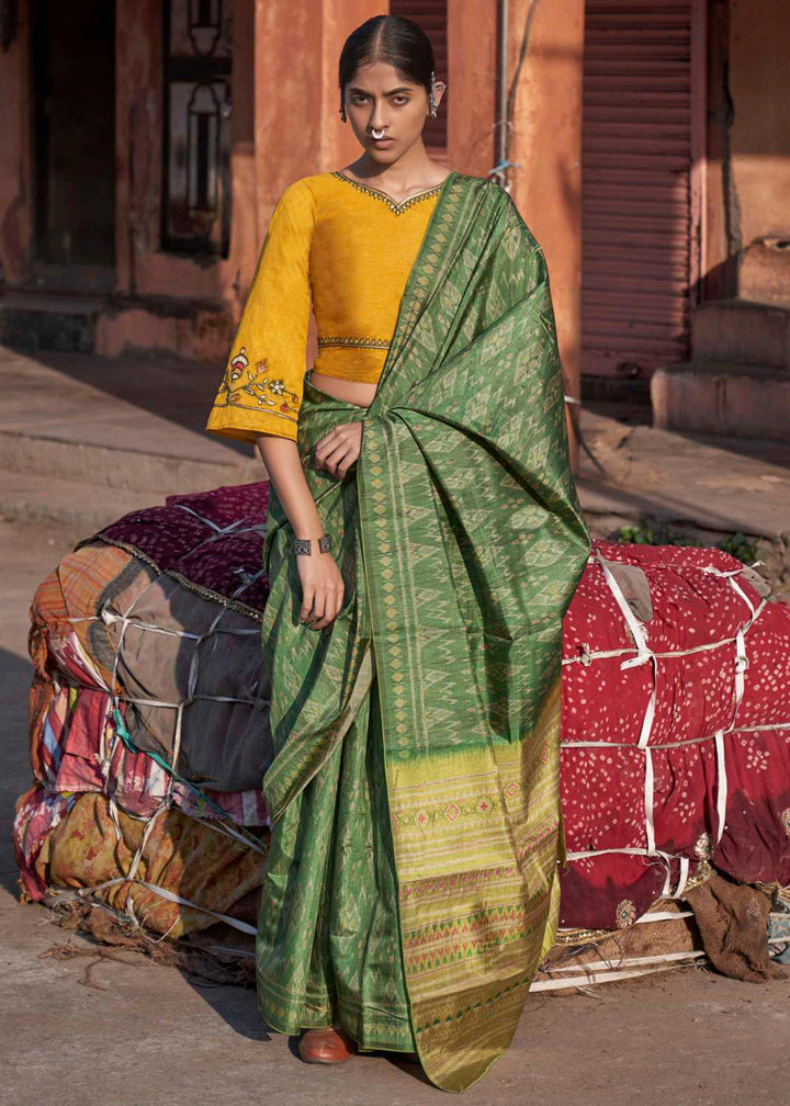 Sea Green Ikkat Silk Saree with Stunning Designer Embroidery Blouse