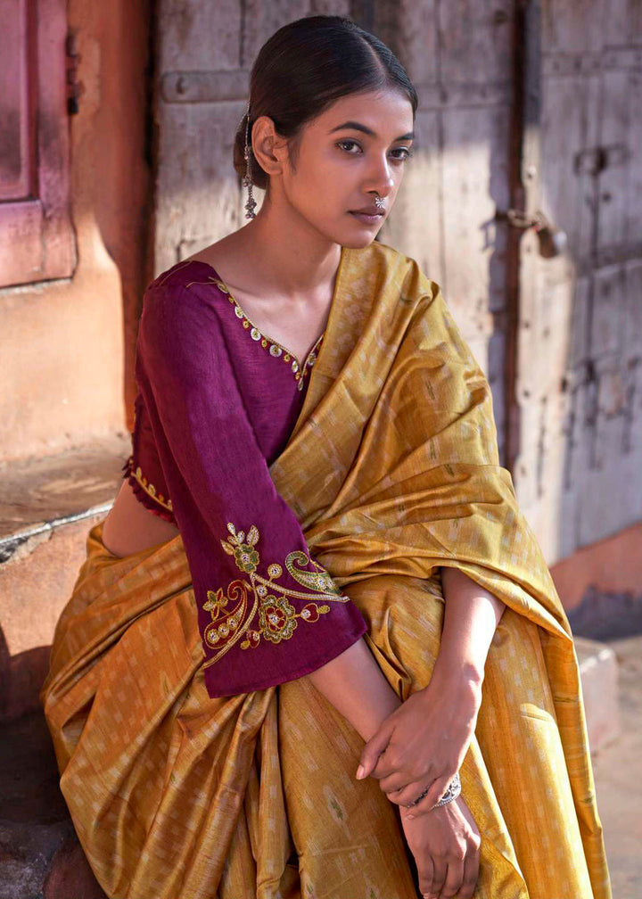 Canary Yellow Ikkat Silk Saree with Stunning Designer Embroidery Blouse