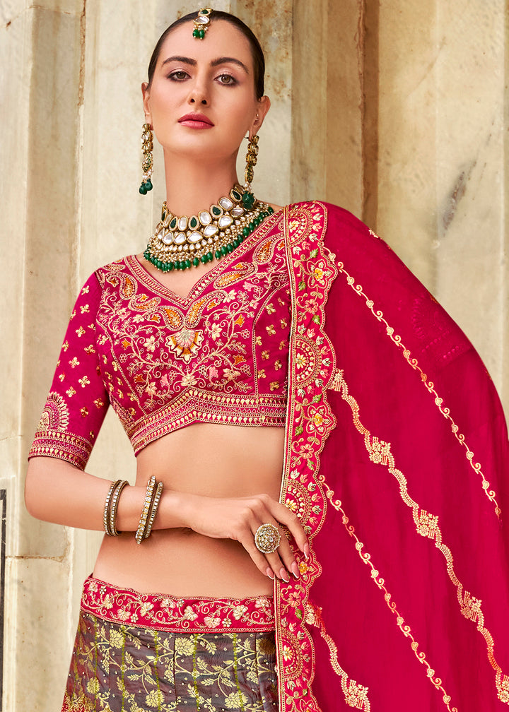 Ruby Pink Banarasi Silk Lehenga Choli with Zarkan, Sequins & Thread Work