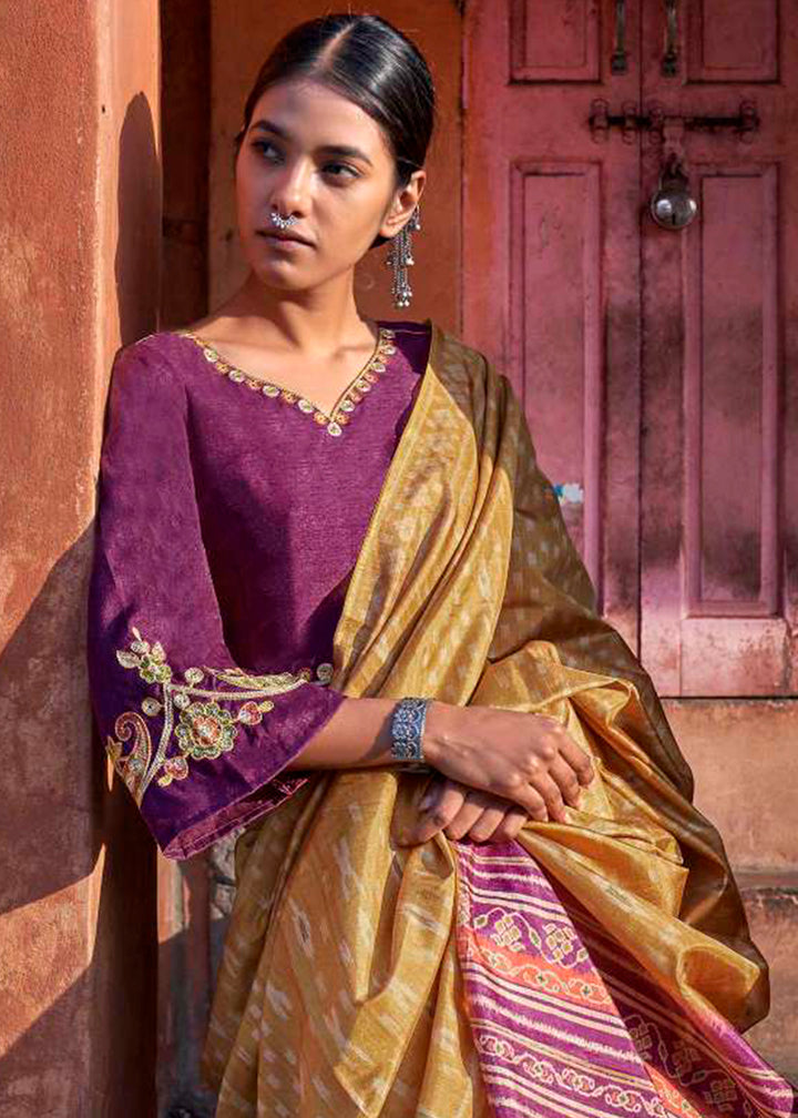 Canary Yellow Ikkat Silk Saree with Stunning Designer Embroidery Blouse