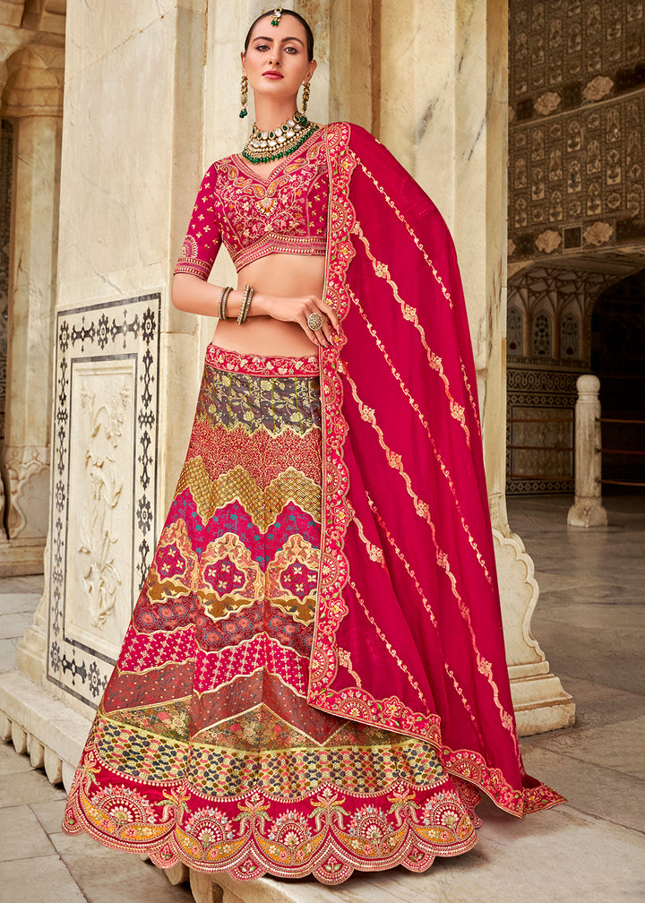 Ruby Pink Banarasi Silk Lehenga Choli with Zarkan, Sequins & Thread Work