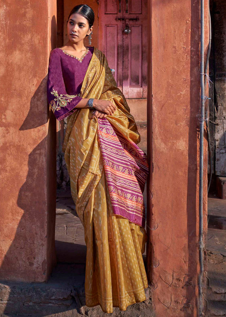 Canary Yellow Ikkat Silk Saree with Stunning Designer Embroidery Blouse