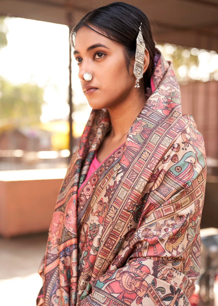Pink & Brown Silk Saree Featuring Madhubani Art