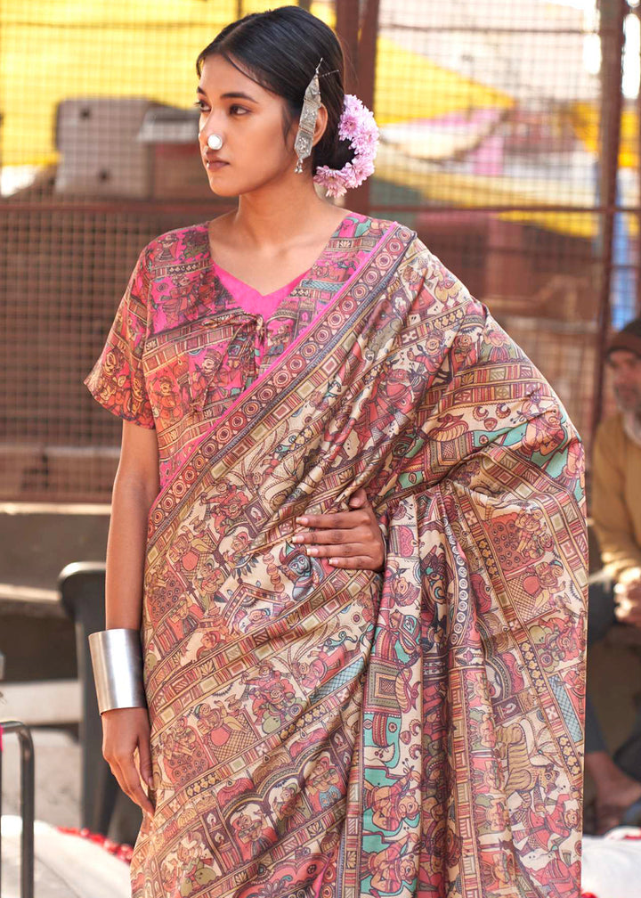 Pink & Brown Silk Saree Featuring Madhubani Art