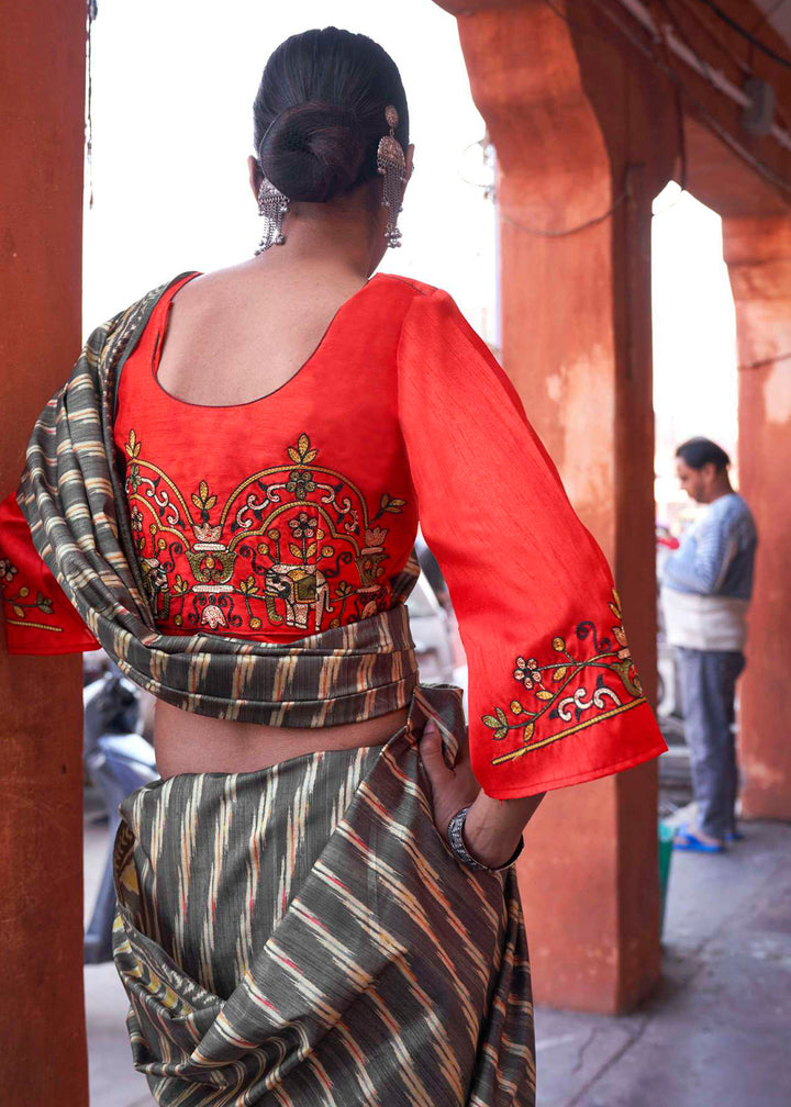 Charcoal Black Ikkat Silk Saree with Stunning Designer Embroidery Blouse