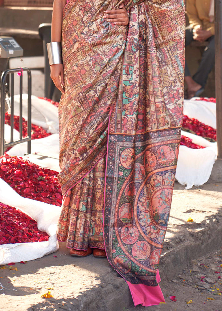 Pink & Brown Silk Saree Featuring Madhubani Art