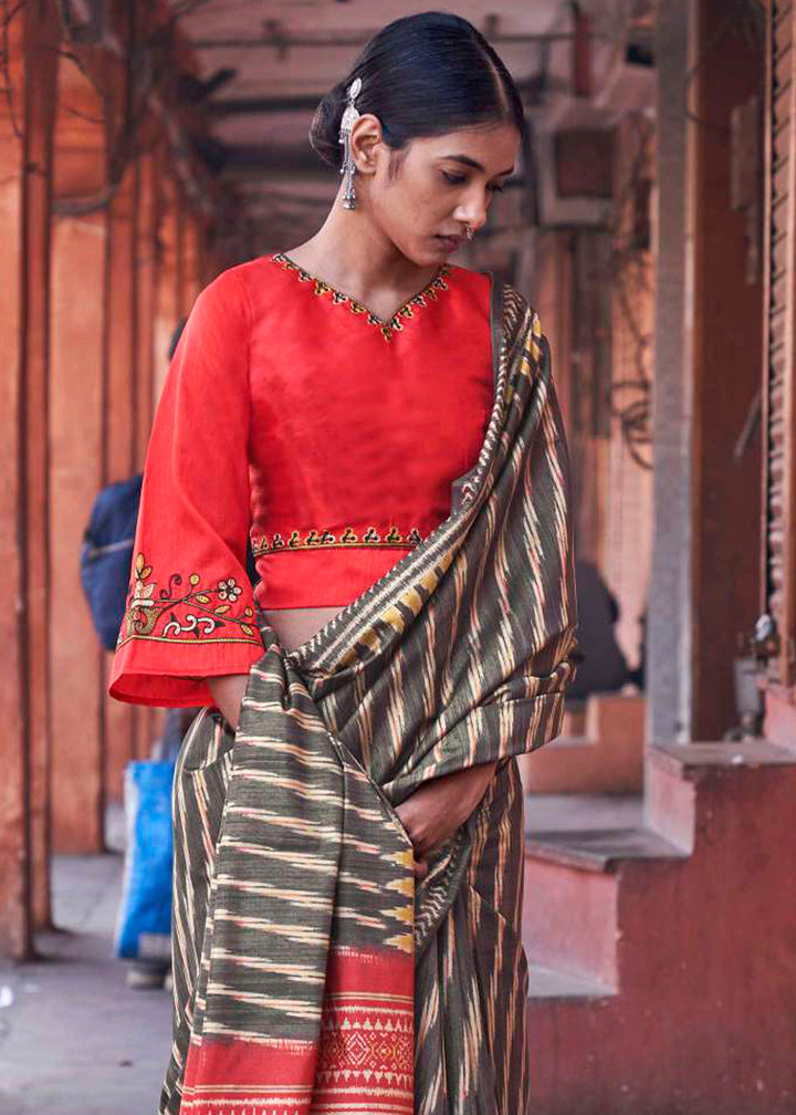 Charcoal Black Ikkat Silk Saree with Stunning Designer Embroidery Blouse