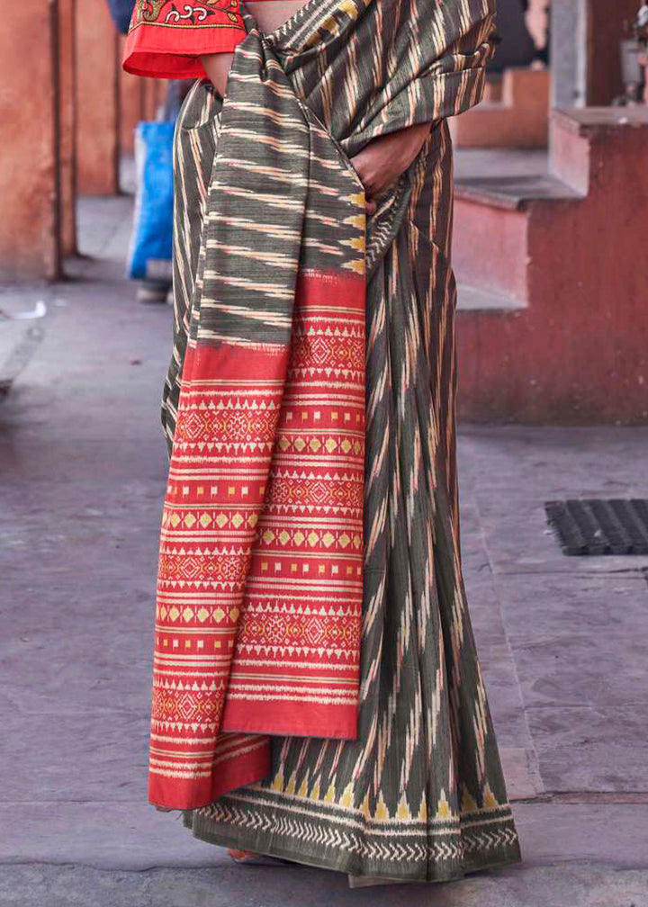 Charcoal Black Ikkat Silk Saree with Stunning Designer Embroidery Blouse