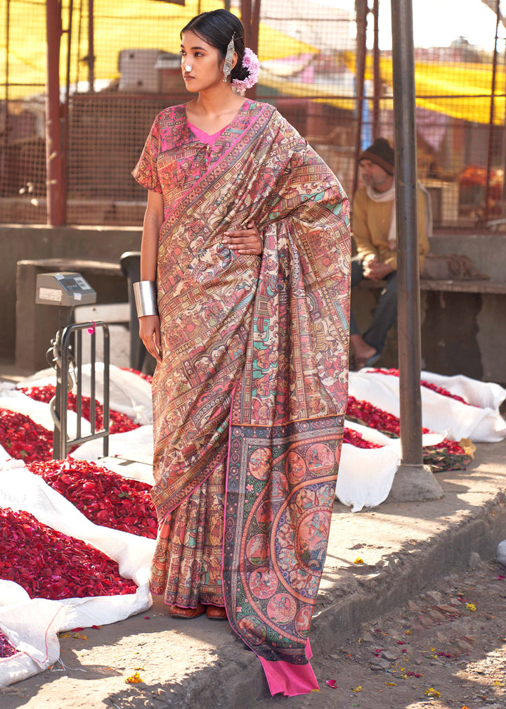 Pink & Brown Silk Saree Featuring Madhubani Art